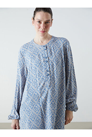 LC Waikiki Indigo Judge Collar Patterned Women's Tunic