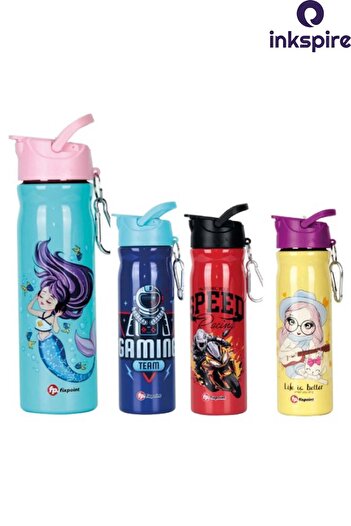 inkspire Patterned Children's Water Bottle 500 ml Steel Water Bottle Water Leak Proof Steel Water Bottle with Straw Does Not Smell Student Water Bottle