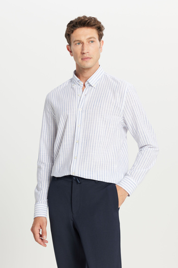 AC&Co / Altınyıldız Classics Men's Navy Blue 100% Cotton Slim Fit Button-Down Collar Dobby Shirt