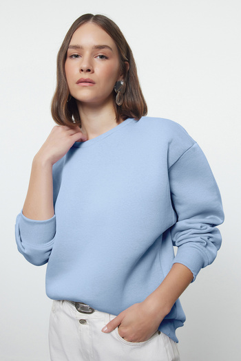 Trendyol Collection Světle modrá se silným vnitřním fleecem Regular/Normal Fit Crew Neck Basic Knitted Mikina TWOAW24SW00101