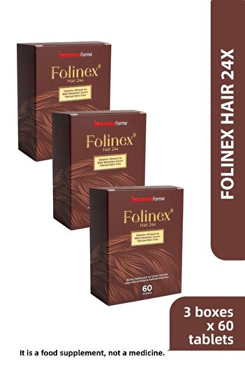 Imuneks Farma Folinenex ®   Hair 24X Food Supplement Containing Vitamins, Minerals and Plant Extracts 60 Capsules X 3 Units