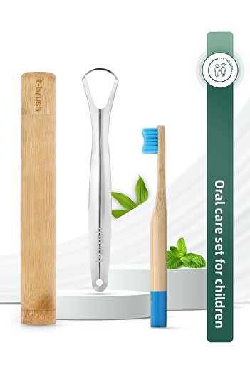 TBRUSH Blue Bamboo Toothbrush - Soft (soft) + Stainless Steel Tongue Cleaner + Toothbrush Cup