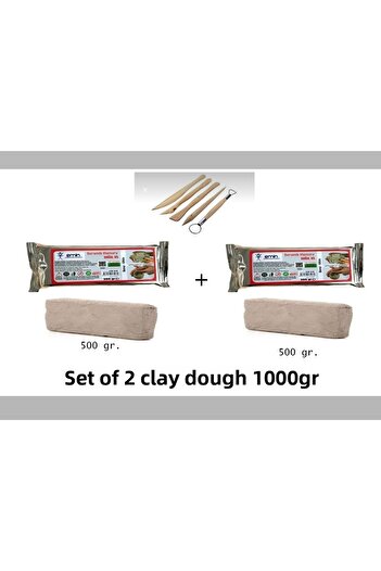 AYMAGNET 2 Pieces 500gr Clay Dough Set White Ceramic Dough and Wooden Base, Modeling Mud (1000GR)