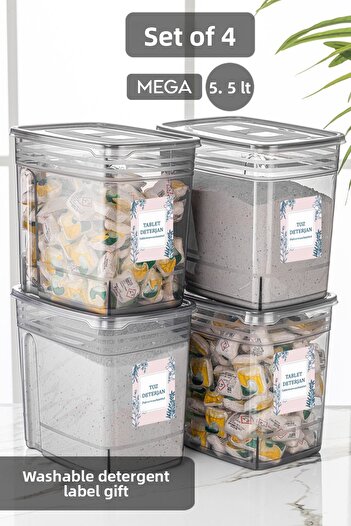Meleni Home Set of 4 - 5.5 Liter Jumbo Lena Powder Tablet Detergent Storage Container - Labeled Storage Box with Lid