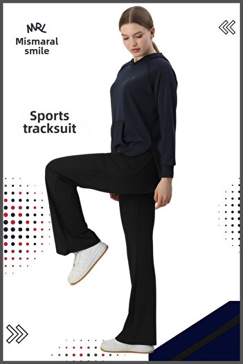 missmaral Women's Navy Blue Sports Tracksuit Set - Spanish Leg, Double Pockets, Hood, Kangaroo Pocket 3053
