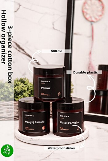 homence 3-Piece Ear Cotton Makeup Cotton and Cotton Labeled Plastic Organizer Jar Bathroom Set Amber 500 ml