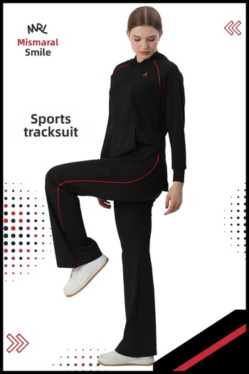 missmaral Women's Black Sports Tracksuit Set - Spanish Leg, Double Pockets, Hood, Kangaroo Pockets 3053