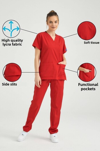 Pozitif Üniforma Red Lycra Nurse Jersey Bottom Top Surgical Team Scrubs Uniform Surgical Jersey
