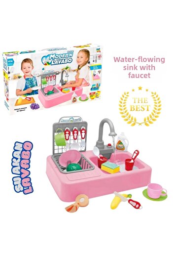 Doğan Oyuncak Dünyası Modern kitchen set with water flow - lighted and sound sink with fountain - kitchen set - water flowing faucet - pink