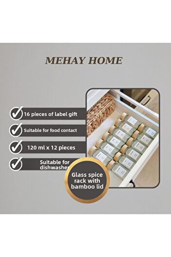 MEHAY HOME 12-Piece Bamboo Luxury Spice Jar Set with Lid and Spreader Head - with Turkish Label
