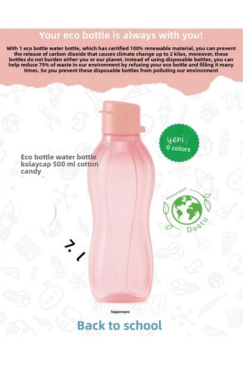 Tupperware Eco Bottle Water Bottle 500 ml Easy Lid Pink Cotton Candy R1126