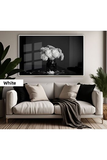 Harikabirev Amazing | Black&White Color Flower Model in Vase | Framed Tempered Glass Table Single Horizontal