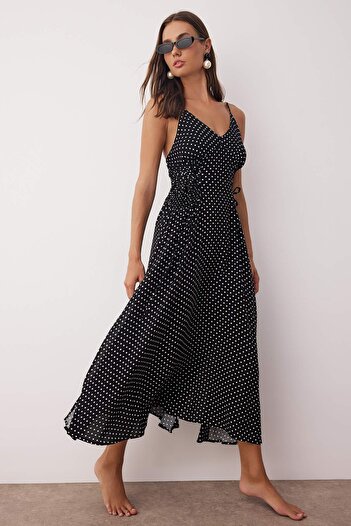 Trendyol Collection Black-Multicolor Plain Skater Maxi Woven Tie Detail 100% Viscose Dress