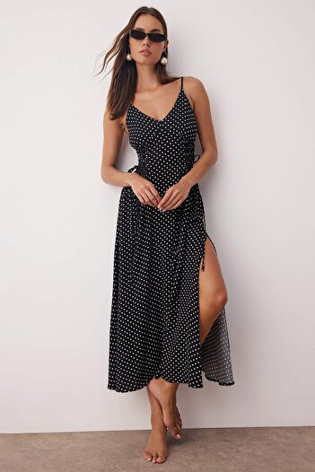 Trendyol Collection Black-Multicolor Plain Skater Maxi Woven Tie Detail 100% Viscose Dress