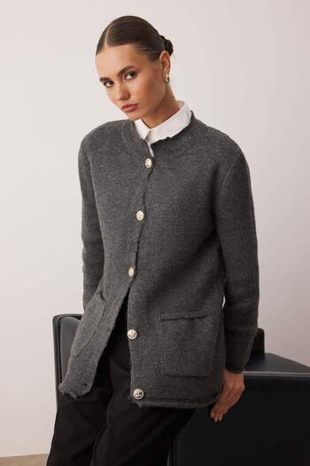 Trendyol Modest Antracit Düz Çift Plaka Triko Hırka TCTAW26TH00015
