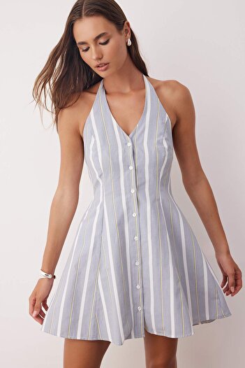 Trendyol Collection Gray-Multicolor Button Backless Woven Dress Twoss25El00888