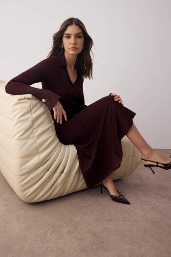 Trendyol Collection Brown Skater Gather Detail V Neck Button Detail Interlock Stretchy Knitted Dress Twoaw26El00017
