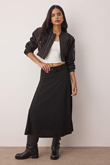 Trendyol Collection Black Belt Detail Skater Maxi Stretchy Knitted Skirt Twoaw26Et00067