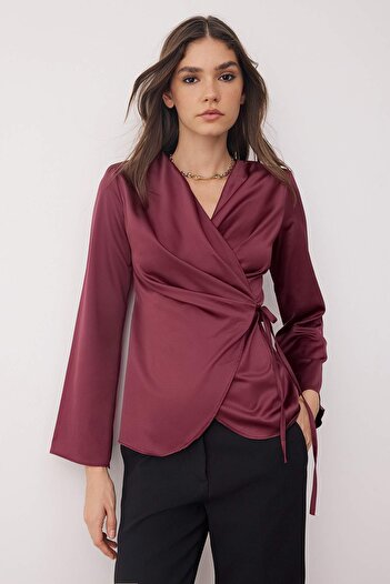 Trendyol Collection Burgundy Satin Double Breasted Woven Blouse Twoaw26Bz00052