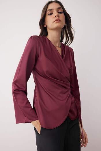 Trendyol Collection Burgundy Satin Double Breasted Woven Blouse Twoaw26Bz00052