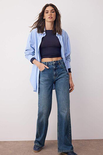 Trendyol Collection Blugi albaștri cu talie înaltă și picioare largi TWOAW26JE00082