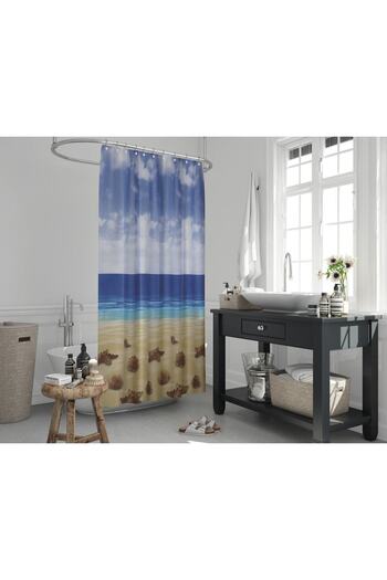 Tropikhome Kahverengi Banyo Perdesi Deniz Ve Kum Manzara Desen Duş Perdesi Tek Kanat Banyo Duş Perdesi
