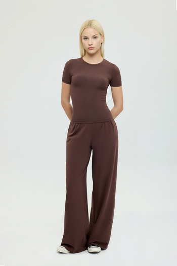 SHEISMONO Ultra Soft Round Neck Short Sleeve Blouse Brown