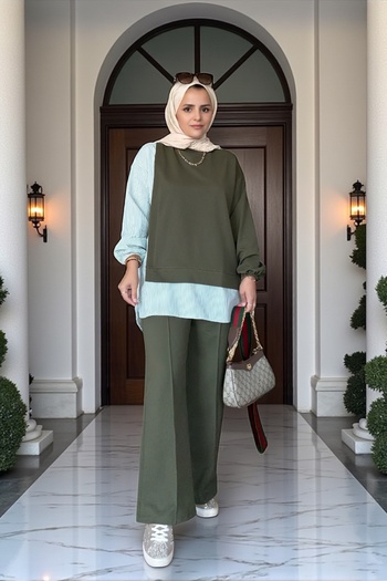 Aselim Hijap Moda Line Shirt Detailed Tunic Double Suit |   Green with Pockets, Wide Legs and Tunic