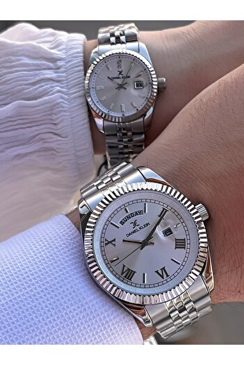 Daniel Klein 30 Mt Water Resistant Silver Calendar Paddy Band Custom Wristwatch for Couples