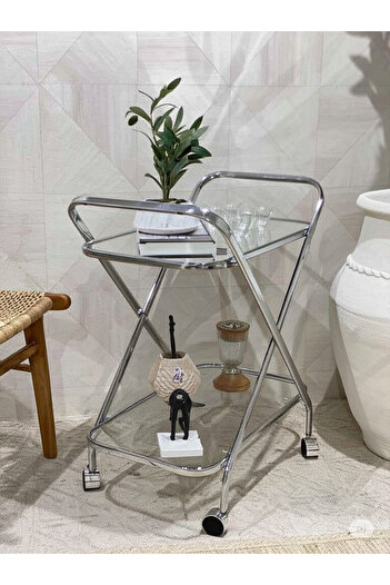 private house Taiwanese silver steel tea trolley, clear glass top, mirror bottom