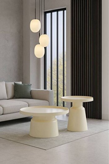 Al Saada Home Metal Service Tables Set - 2 Pieces - Beige