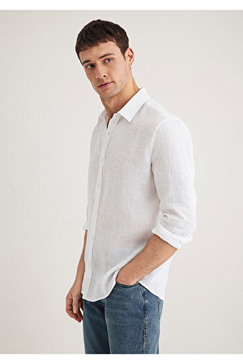Mavi Λευκό λινό πουκάμισο Slim Fit 0211466 -620