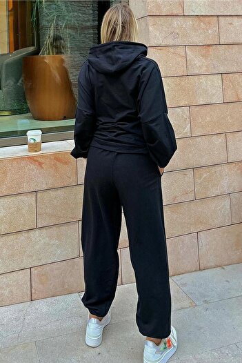 DUBU BUTİK 2'li Basic Düz Eşofman Takımı Sweatshirt Jogger - Siyah Gri Oversize Şardonlu Kapüşonlu