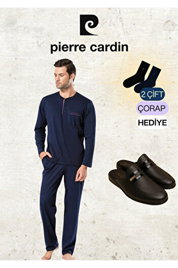 Pierre Cardin Men's Clothing Combed Cotton 100% Cotton Long Sleeve Navy Blue Pajama Set & Leather Slippers (2 Gift Socks)