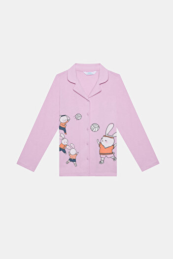 Penti Set de pijamale pentru fete din bumbac Volleybunny, cămașă cu nasturi alb