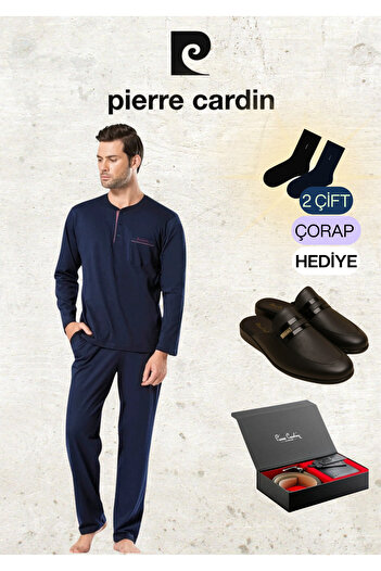 Pierre Cardin Boxed 100% Cotton Long Sleeve Navy Blue Pajama Set & Leather Slippers & Genuine Leather Belt Wallet Set