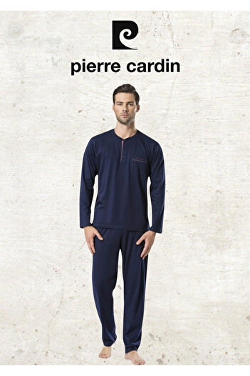 Pierre Cardin Men's Clothing Combed Cotton 100% Cotton Long Sleeve Navy Blue Pajama Set & Leather Slippers (2 Gift Socks)