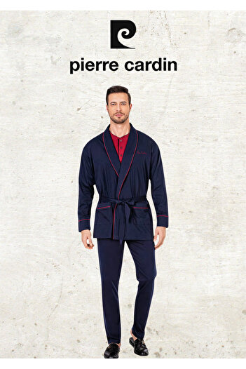 Pierre Cardin 100% Cotton Navy Blue Robdöşambr Long Sleeve Pajama Set & Leather Slippers & Genuine Leather Belt Wallet Set