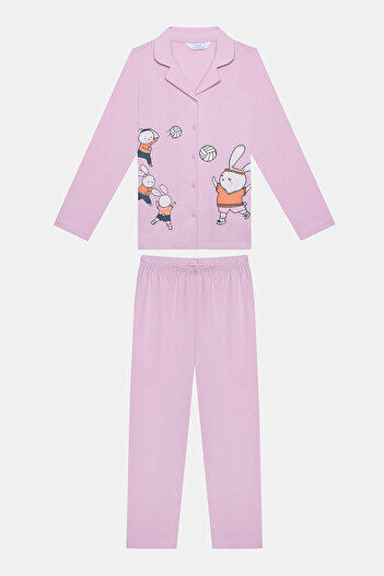 Penti Set de pijamale pentru fete din bumbac Volleybunny, cămașă cu nasturi alb