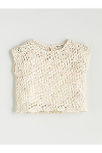 LC Waikiki Lcw Kids Ecru Crew Neck Lace Detailed Girl's Blouse