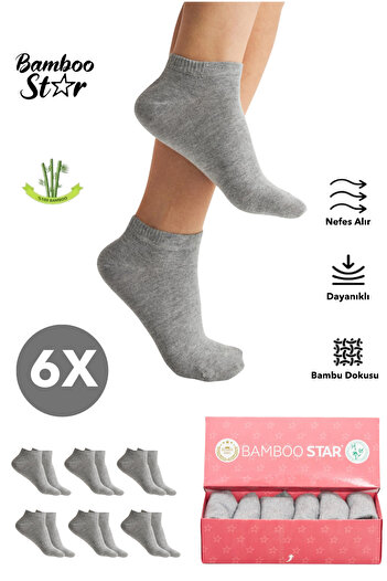 bamboo star Bambu Kadın Patik Düz Gri Çorap Dikişsiz Premium Kutulu 6'lı Paket