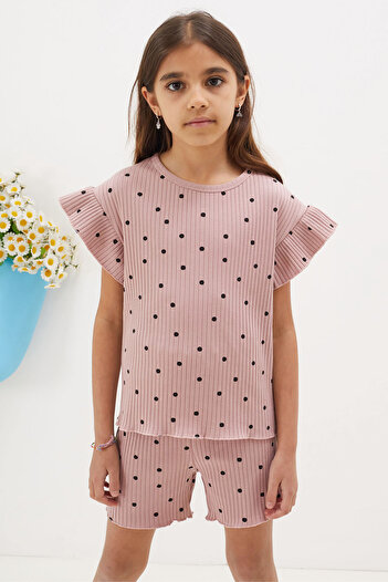 Cansın Mini Girl's Dried Rose Polka Dot Shorts and Blouse Set - 18675