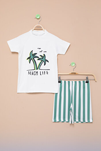 Cansın Mini White Palm Printed Striped Shorts Boys Shorts Swimwear Set 21152