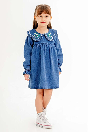 Cansın Mini Lacivert Yakası Çiçek Nakışlı Uzun Kol Kız Çocuk Jean Elbise 20116