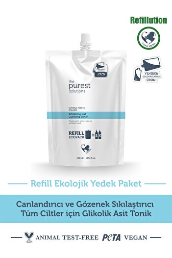 The Purest Solutions Αναζωογονητικό, Συσφιγκτικό Πόρων Γλυκολικό Οξύ Τονωτικό για Όλο το Δέρμα Οικολογικό Ανταλλακτικό Πακέτο 400 Ml