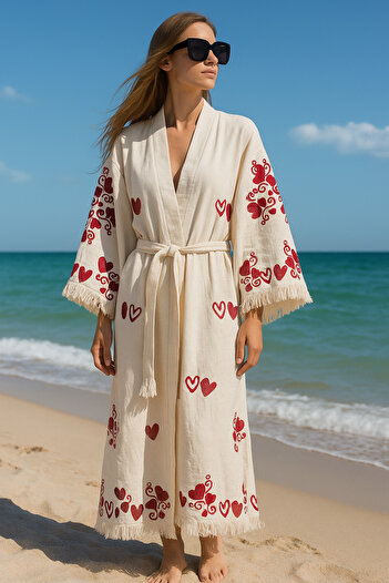 LaraLisa 4 Layers Natural Muslin Cotton Fabric Chemical Treatment Unprocessed Hand Printed Kaftan Kimono Peshtemal Bathrobe