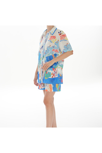 SOFT Summer Theme Printed Linen Shirt Shorts Set 80% Cotton 15% Polyester 5% Elastane