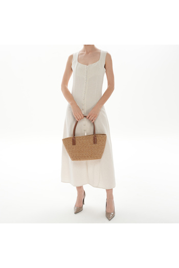 SOFT Large Volume, Straw Look Drawstring Shoulder Bag – Brown Leather Handle