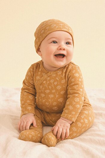 Boumini Baby Booties Jumpsuit Hat Set Spring Floral Mustard