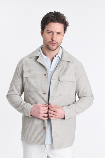 Frappoli Dolex Erkek Bej Diağonel Likralı Kumaşlı Overshirt Spor Ceket